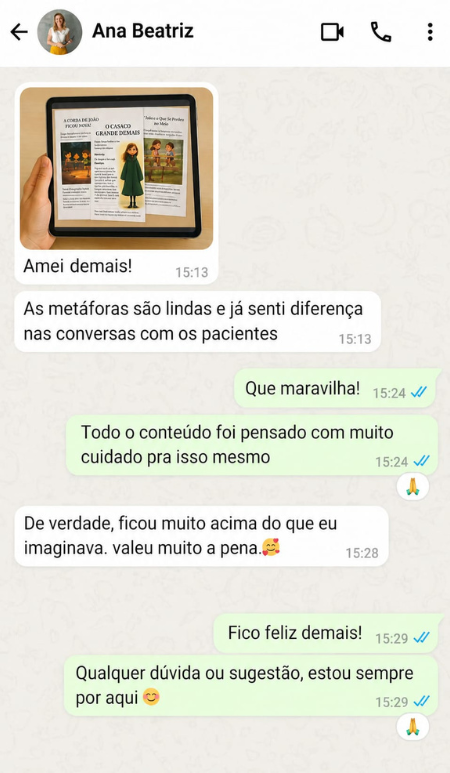 Depoimento de Ana Beatriz no WhatsApp sobre as 800 Metáforas Terapêuticas