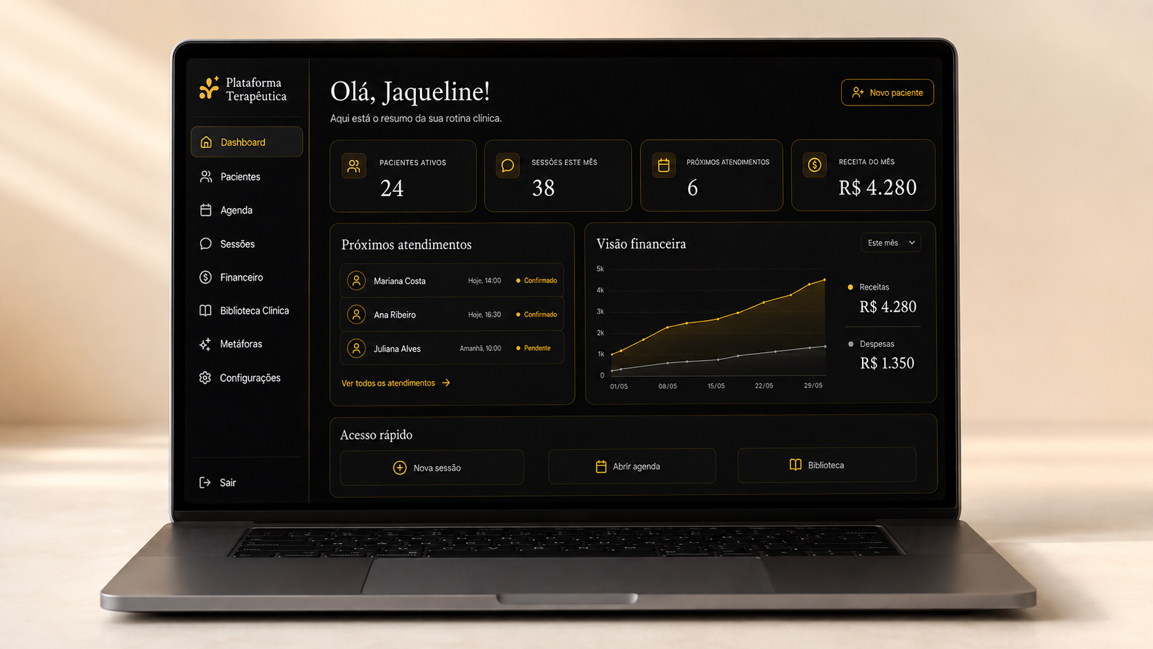 Dashboard da Plataforma Terapêutica Completa em um notebook