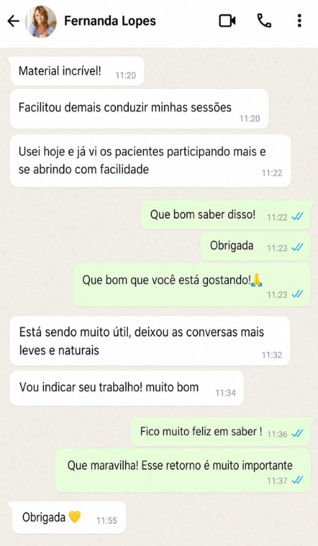 Depoimento de Fernanda Lopes no WhatsApp sobre as 800 Metáforas Terapêuticas