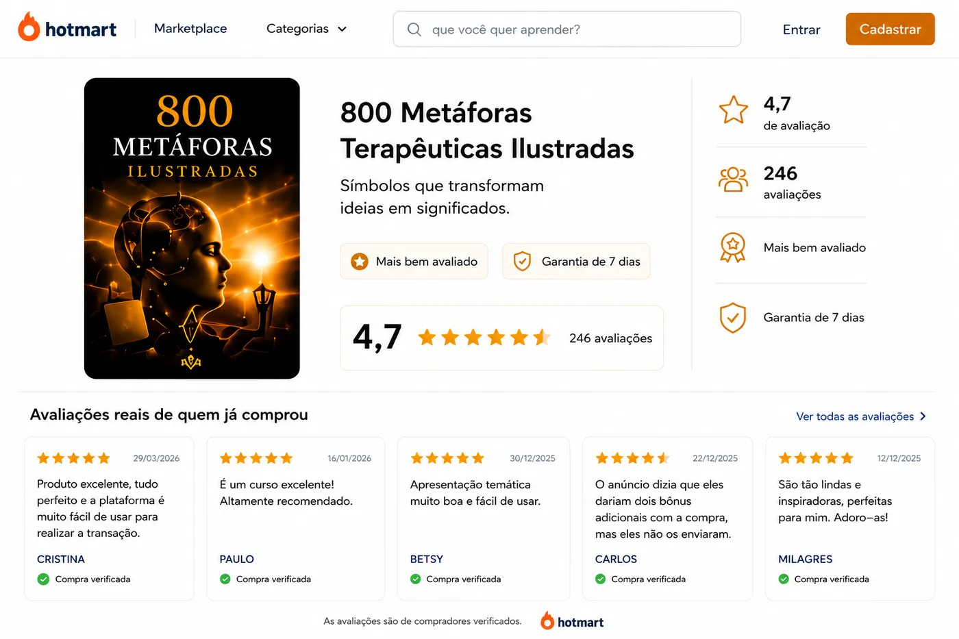 Avaliações reais da página do produto 800 Metáforas Terapêuticas Ilustradas na Hotmart, com nota 4,7 e 246 avaliações verificadas