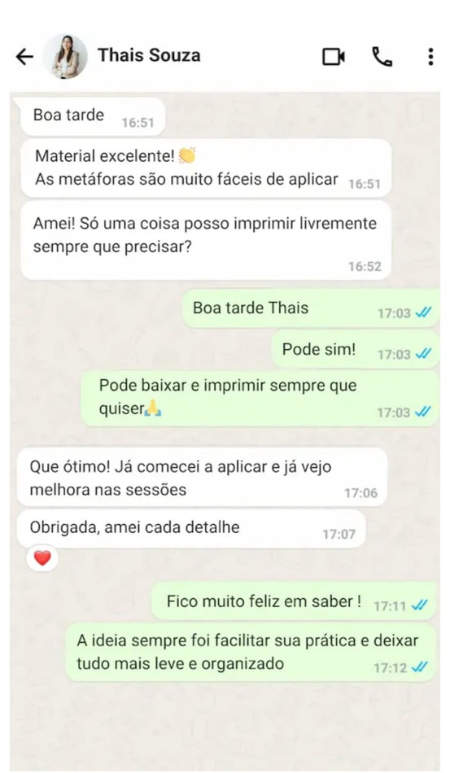 Depoimento de Thais Souza no WhatsApp sobre as 800 Metáforas Terapêuticas